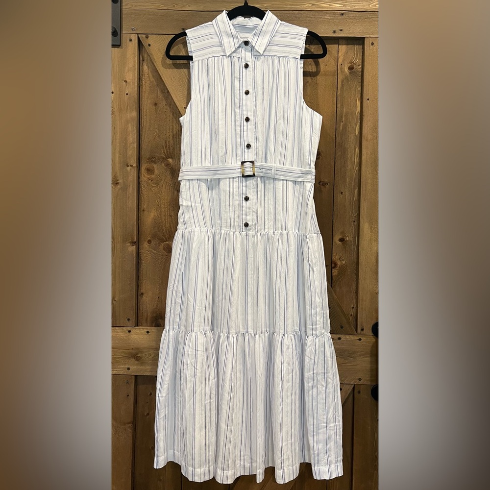 Ann Taylor White and Blue Striped Midi Dress